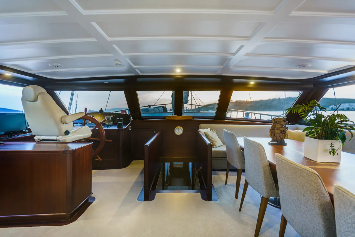 Cockpit of Virtuoso, a Gulet sailboat at Lavreotiki Municipal Unit, Greece
