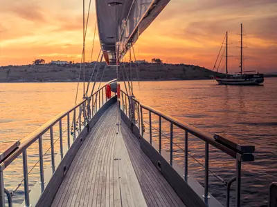 Deck of Virtuoso, a Gulet sailboat at Lavreotiki Municipal Unit, Greece