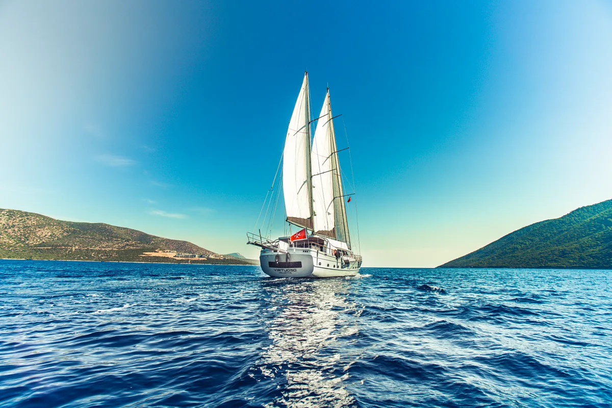 Exterior view of Virtuoso, a Gulet sailboat at Lavreotiki Municipal Unit, Greece