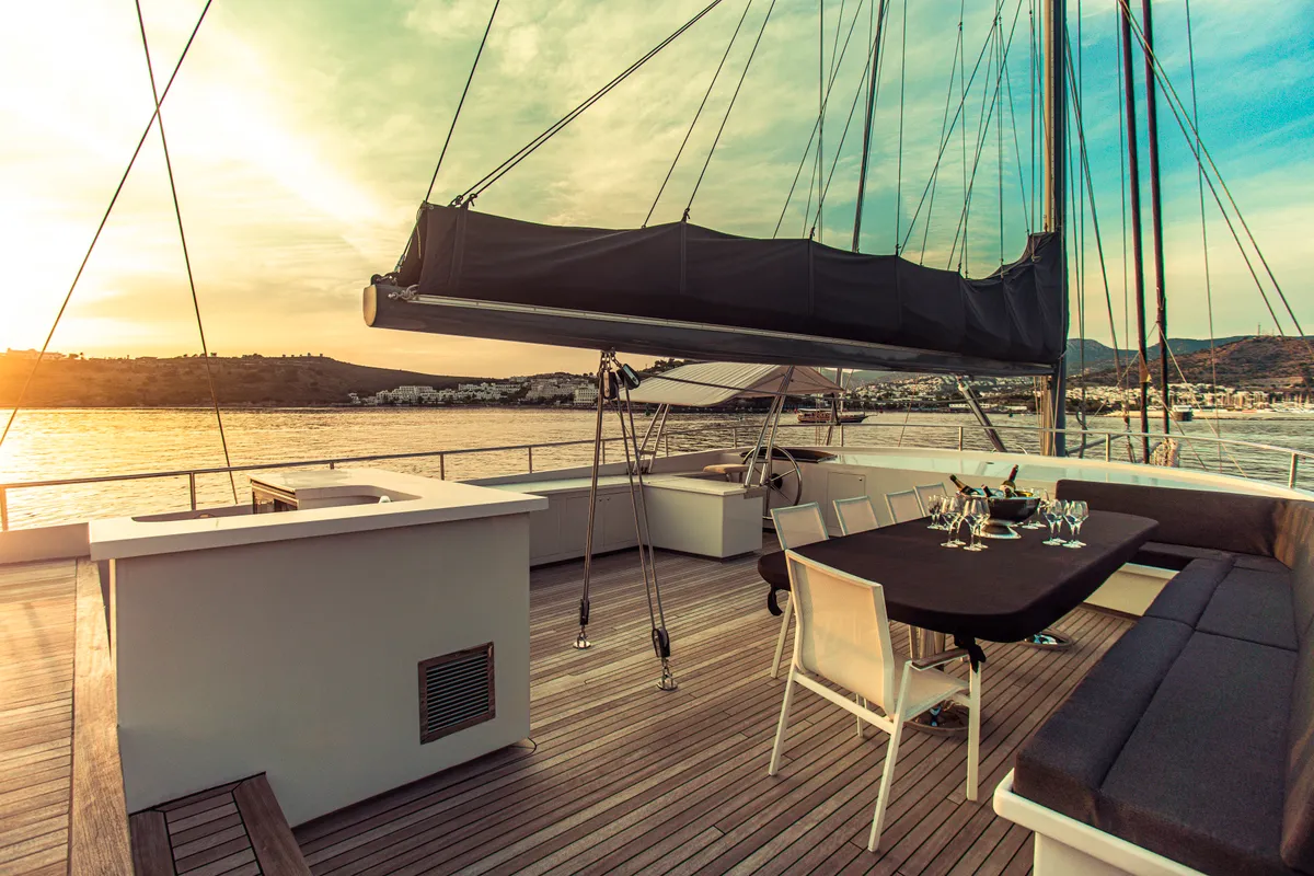Deck of Virtuoso, a Gulet sailboat at Lavreotiki Municipal Unit, Greece