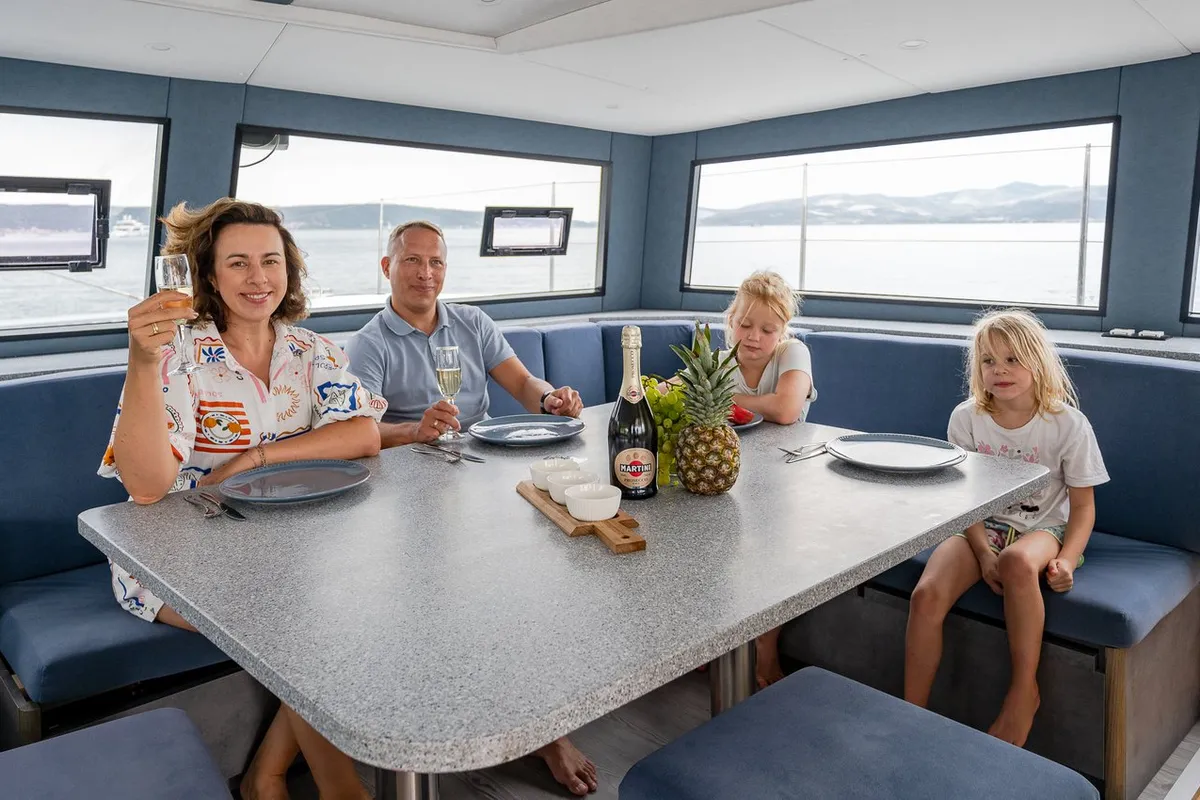 Salon of Orange, a Luna 47 Power catamaran at Split, Croatia