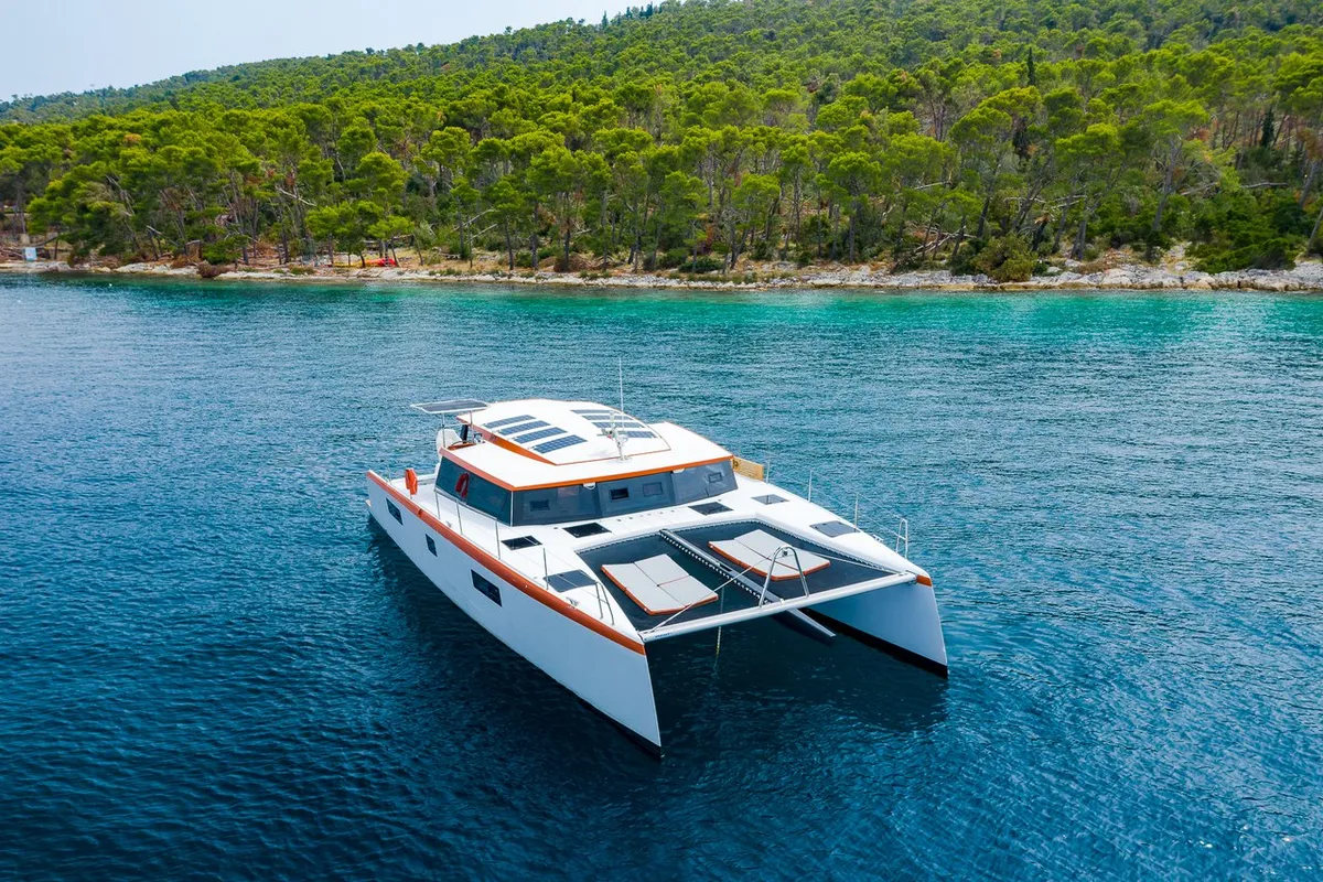 Exterior view of Orange, a Luna 47 Power catamaran at Split, Croatia