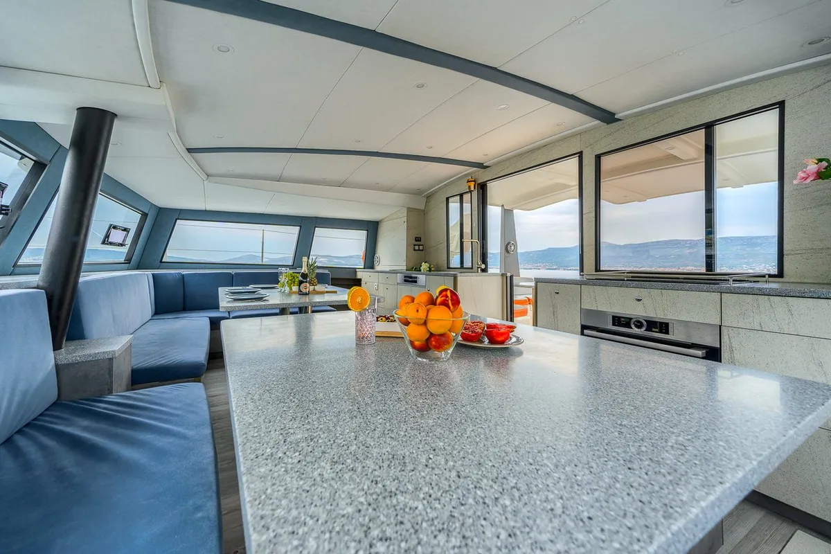 Salon of Orange, a Luna 47 Power catamaran at Split, Croatia