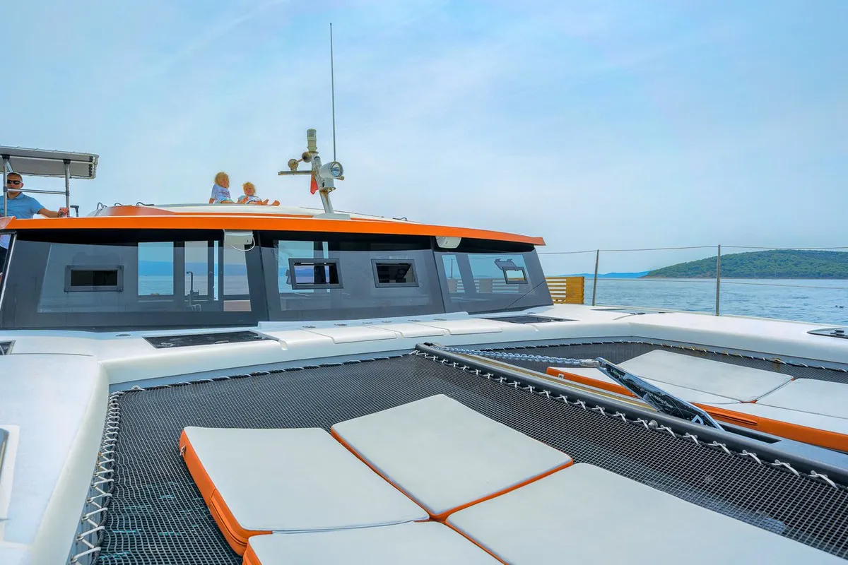 Deck of Orange, a Luna 47 Power catamaran at Split, Croatia