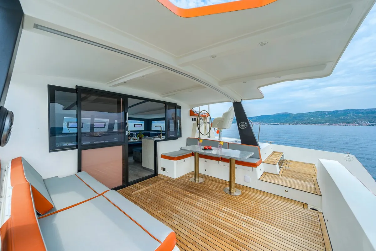 Deck of Orange, a Luna 47 Power catamaran at Split, Croatia