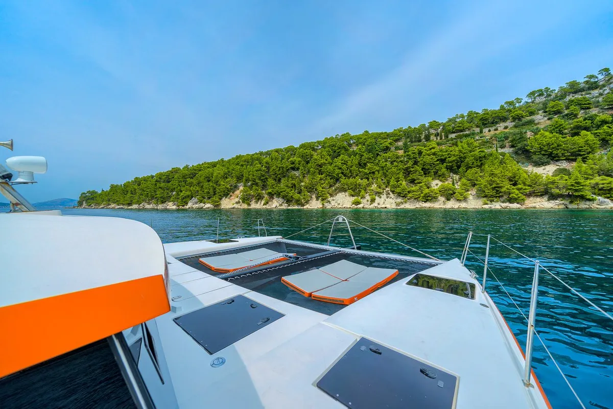 Deck of Orange, a Luna 47 Power catamaran at Split, Croatia