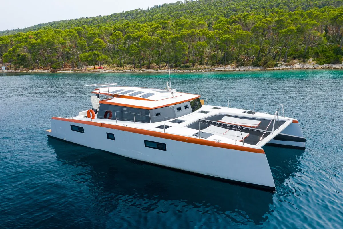 Exterior view of Orange, a Luna 47 Power catamaran at Split, Croatia