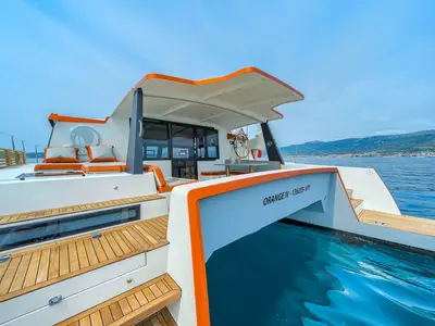 Deck of Orange, a Luna 47 Power catamaran at Split, Croatia