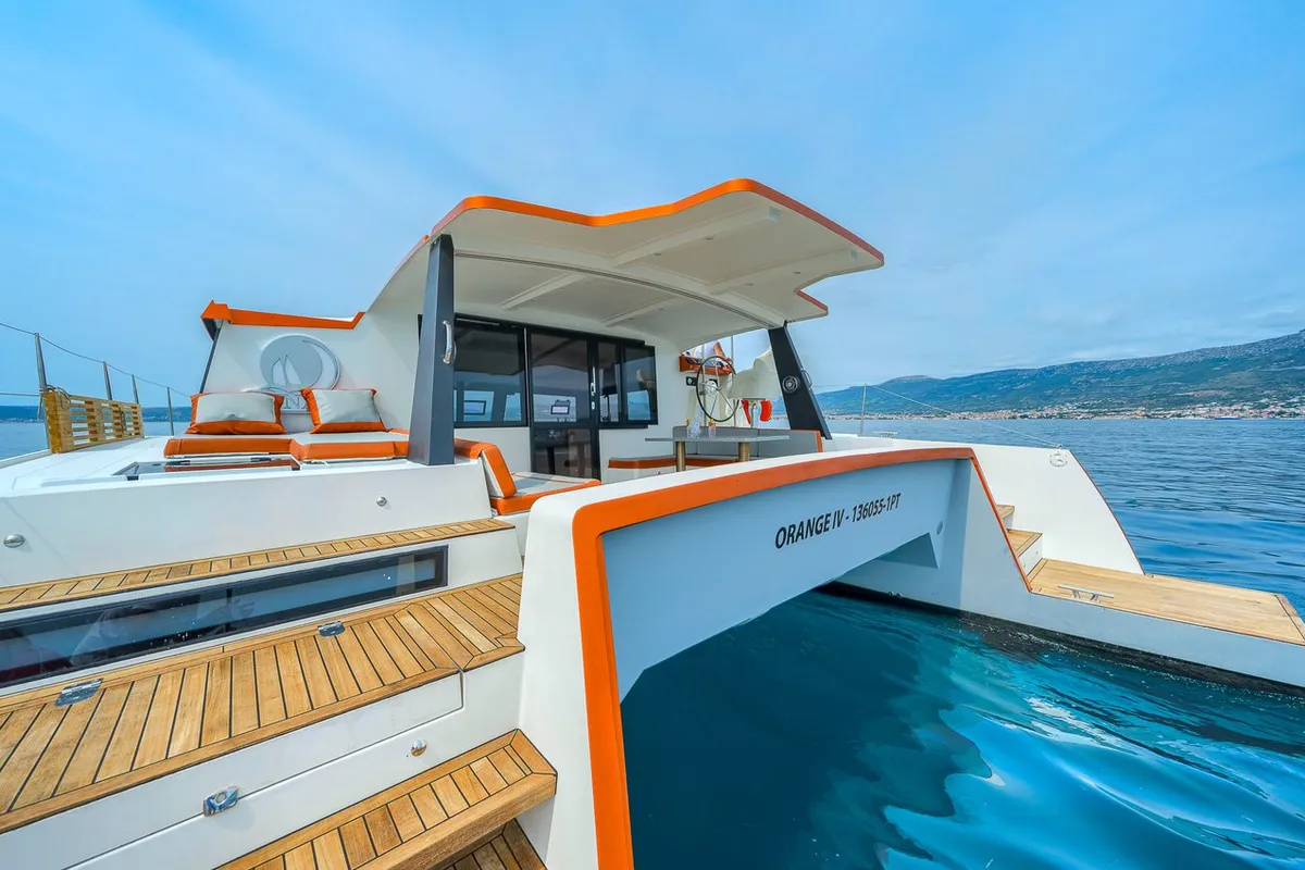 Deck of Orange, a Luna 47 Power catamaran at Split, Croatia