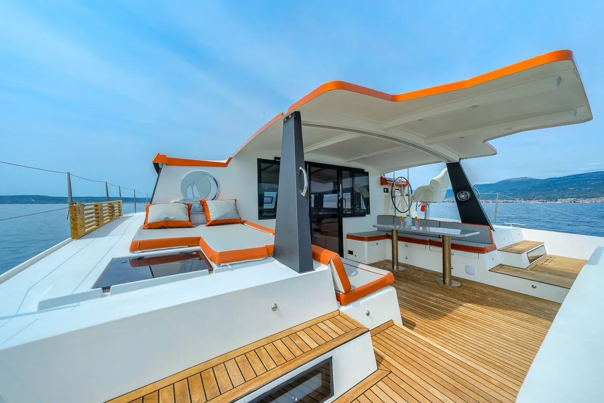 Deck of Orange, a Luna 47 Power catamaran at Split, Croatia