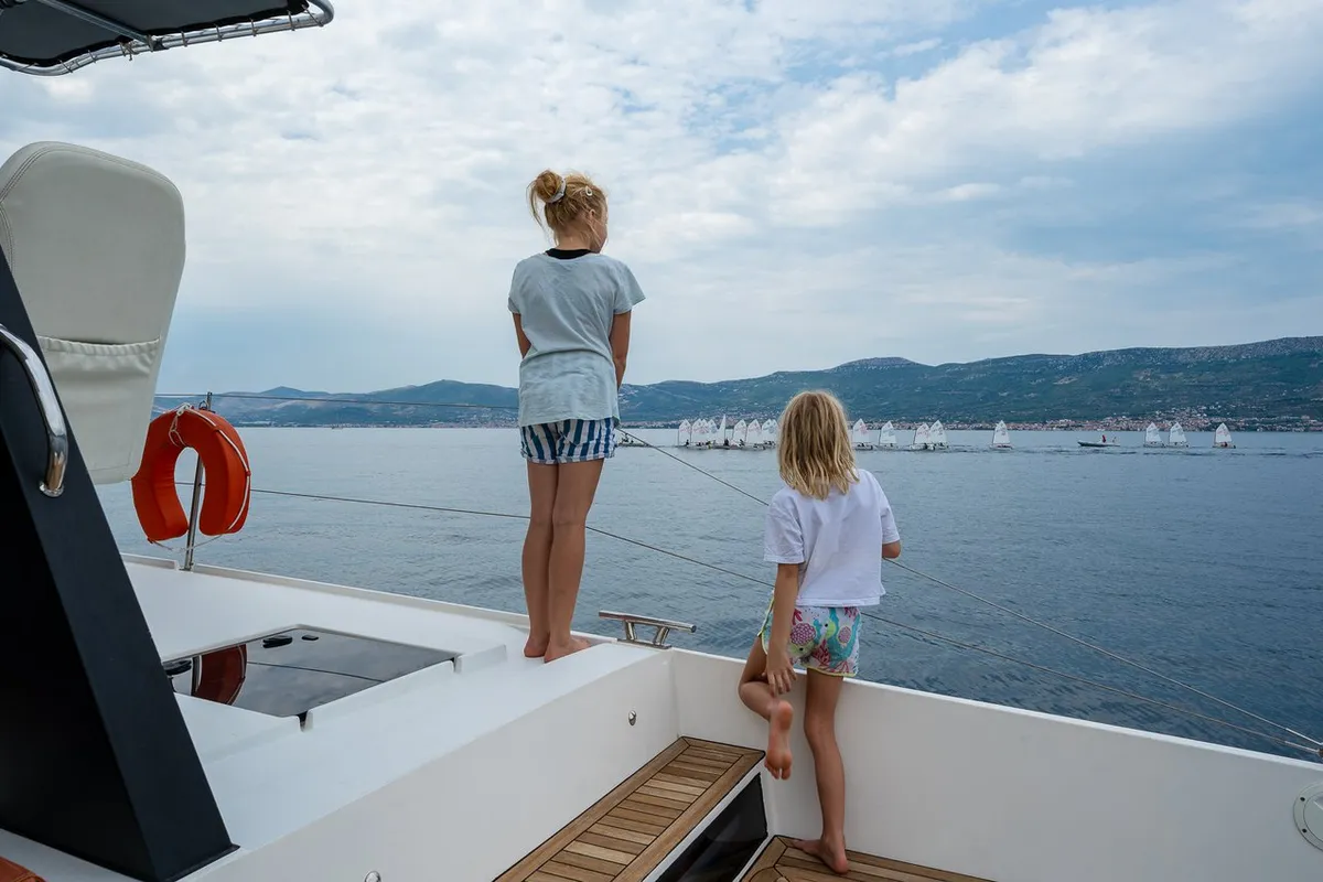 Deck of Orange, a Luna 47 Power catamaran at Split, Croatia