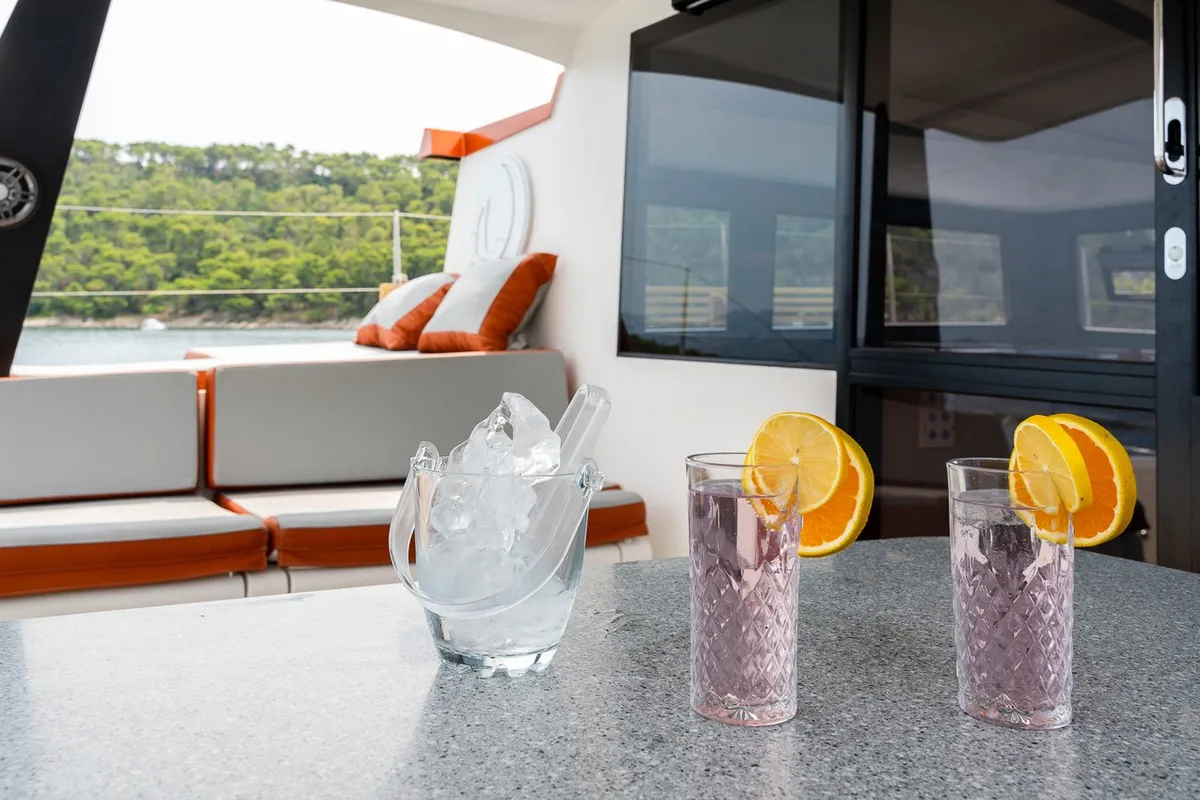 Orange, a Luna 47 Power catamaran at Split, Croatia