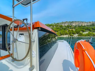 Cockpit of Orange, a Luna 47 Power catamaran at Split, Croatia
