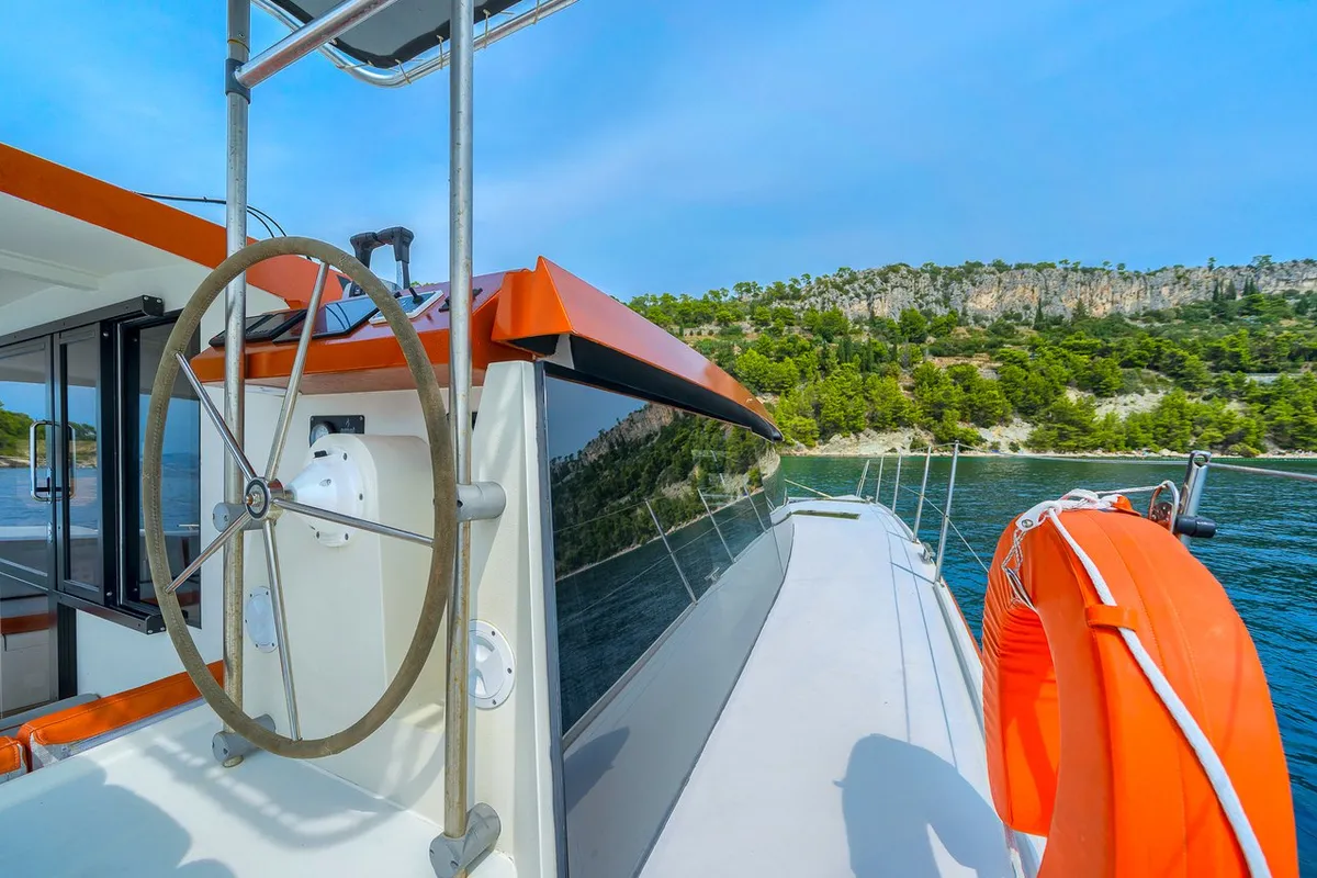 Cockpit of Orange, a Luna 47 Power catamaran at Split, Croatia