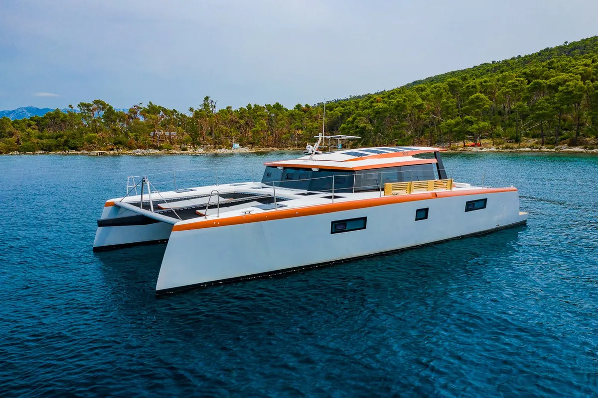 Exterior view of Orange, a Luna 47 Power catamaran at Split, Croatia