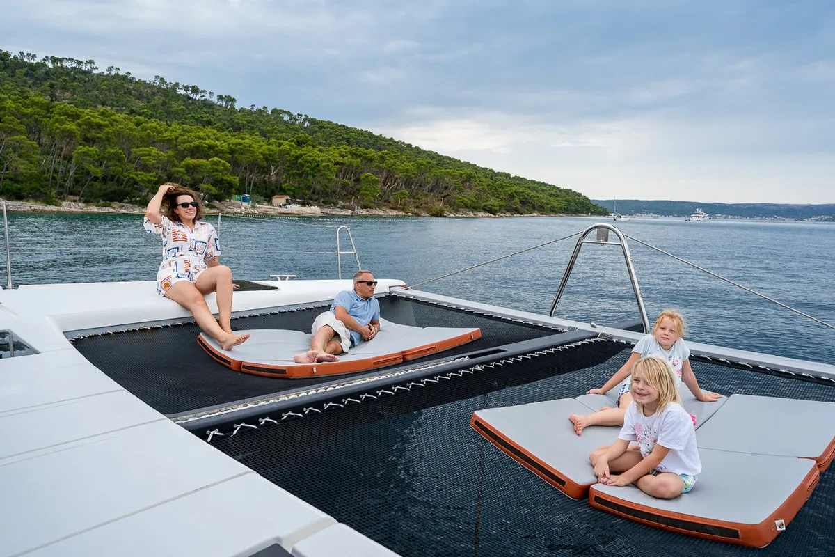 Deck of Orange, a Luna 47 Power catamaran at Split, Croatia