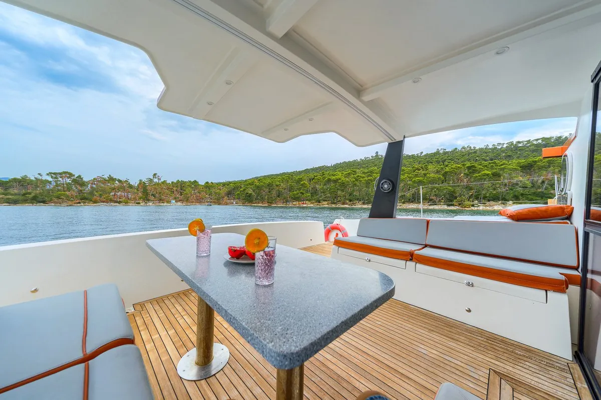 Deck of Orange, a Luna 47 Power catamaran at Split, Croatia