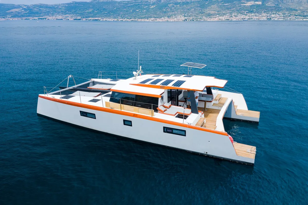 Exterior view of Orange, a Luna 47 Power catamaran at Split, Croatia