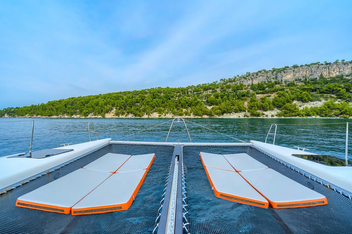 Deck of Orange, a Luna 47 Power catamaran at Split, Croatia