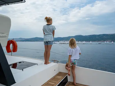 Deck of Orange, a Luna 47 Power catamaran at Split, Croatia