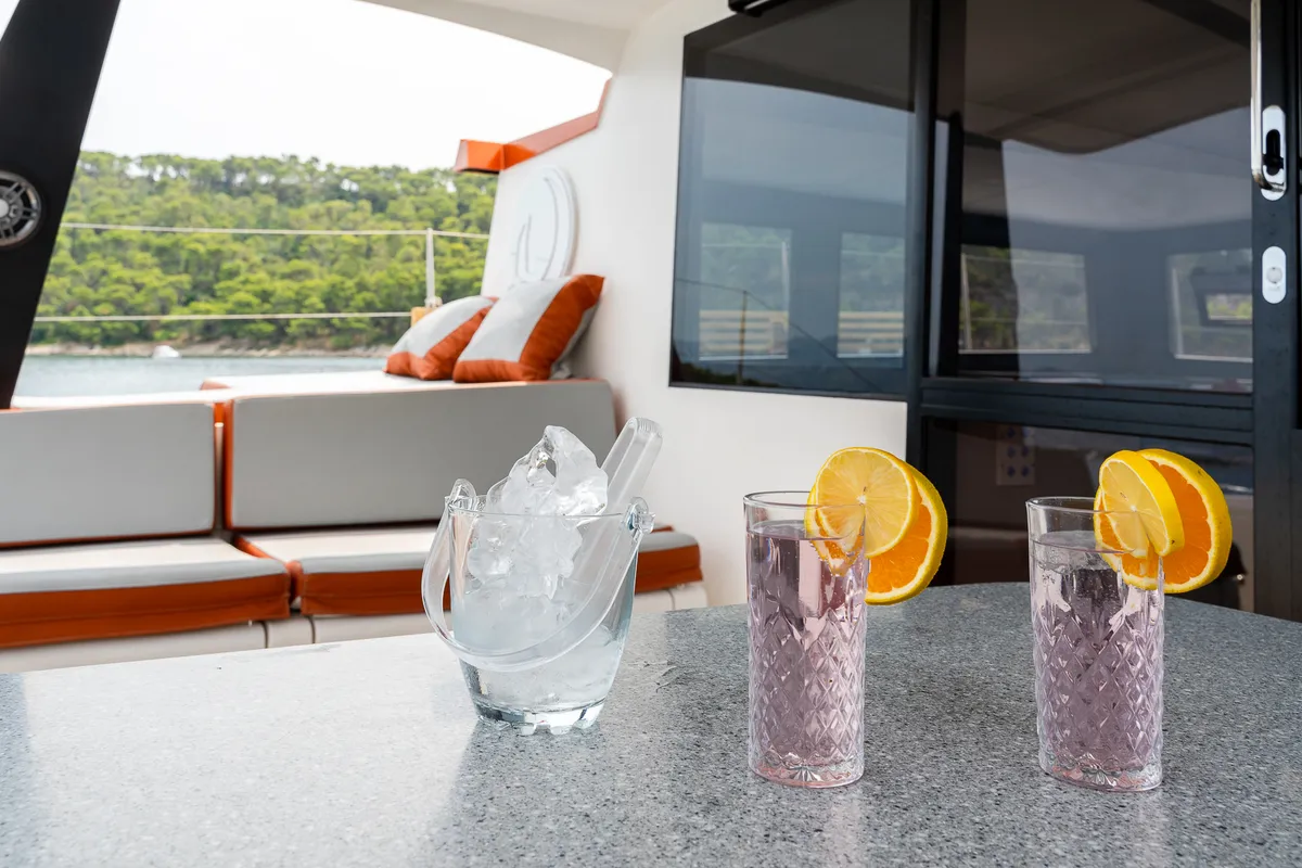 Orange, a Luna 47 Power catamaran at Split, Croatia