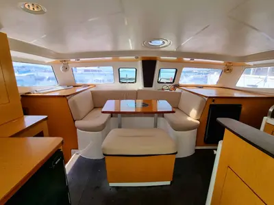 Salon of Happy Eva, a Fountaine Pajot Mahe 36 catamaran at Mai Khao, Thailand