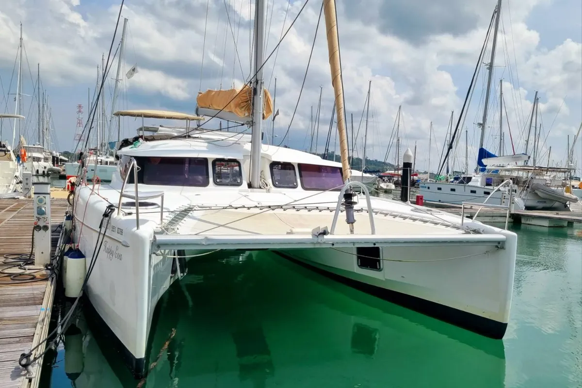 Exterior view of Happy Eva, a Fountaine Pajot Mahe 36 catamaran at Mai Khao, Thailand