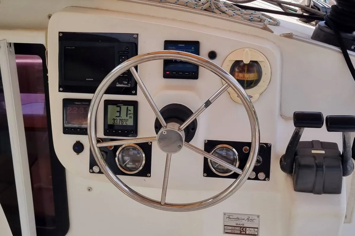 Cockpit of Happy Eva, a Fountaine Pajot Mahe 36 catamaran at Mai Khao, Thailand