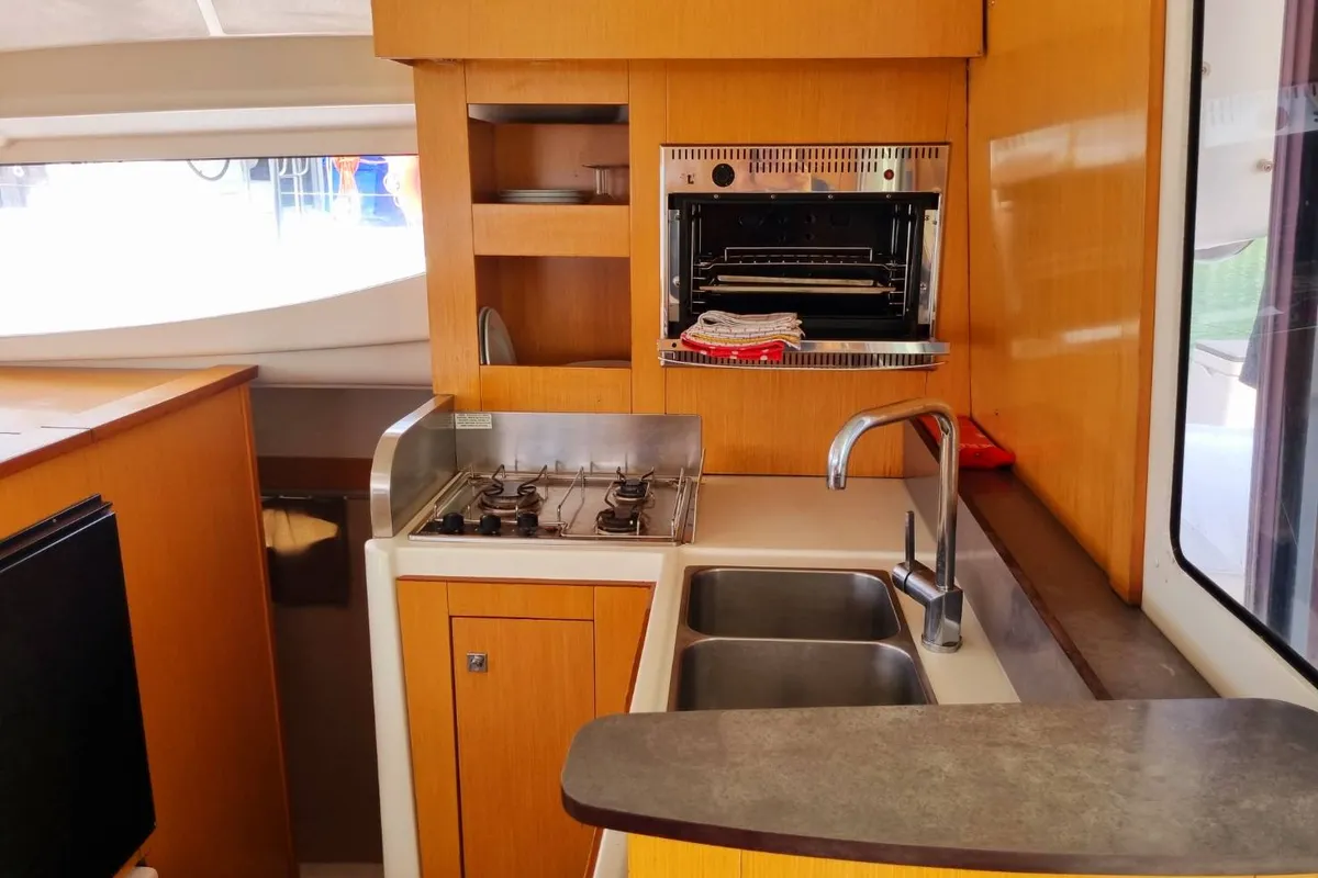 Galley of Happy Eva, a Fountaine Pajot Mahe 36 catamaran at Mai Khao, Thailand