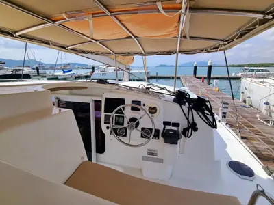 Cockpit of Happy Eva, a Fountaine Pajot Mahe 36 catamaran at Mai Khao, Thailand