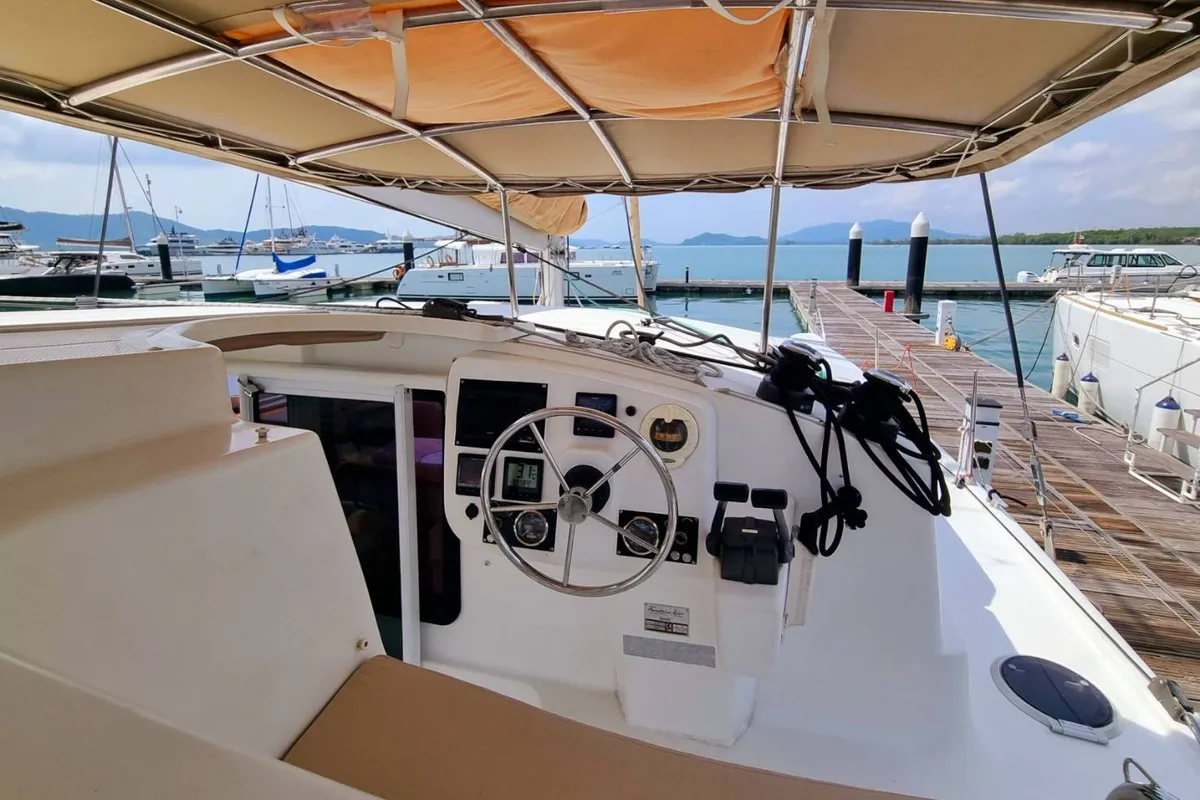 Cockpit of Happy Eva, a Fountaine Pajot Mahe 36 catamaran at Mai Khao, Thailand