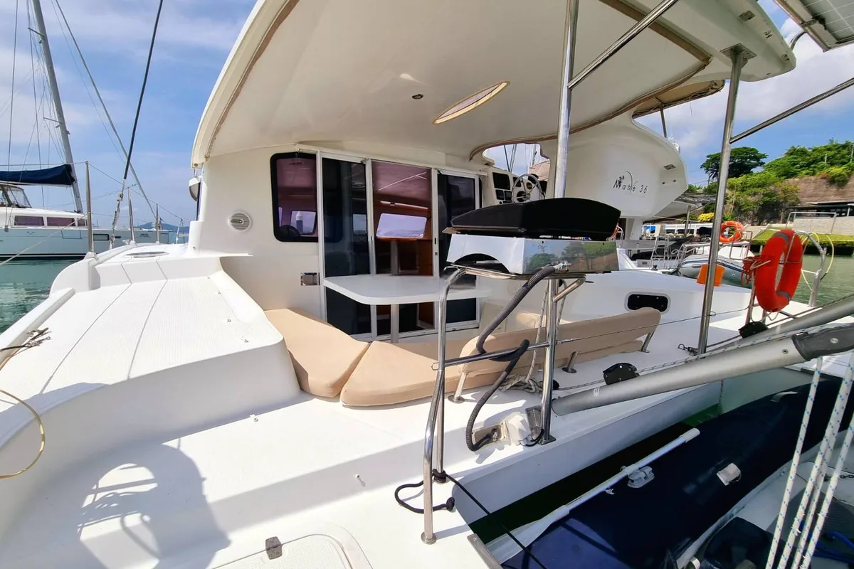 Deck of Happy Eva, a Fountaine Pajot Mahe 36 catamaran at Mai Khao, Thailand