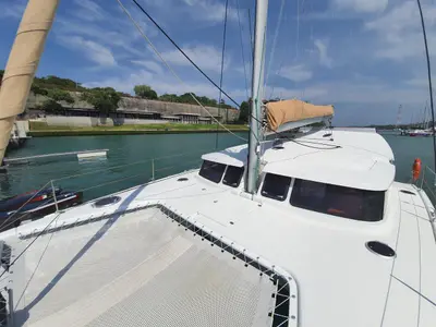 Deck of Happy Eva, a Fountaine Pajot Mahe 36 catamaran at Mai Khao, Thailand