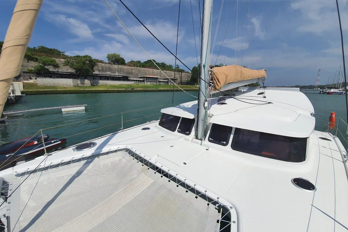 Deck of Happy Eva, a Fountaine Pajot Mahe 36 catamaran at Mai Khao, Thailand