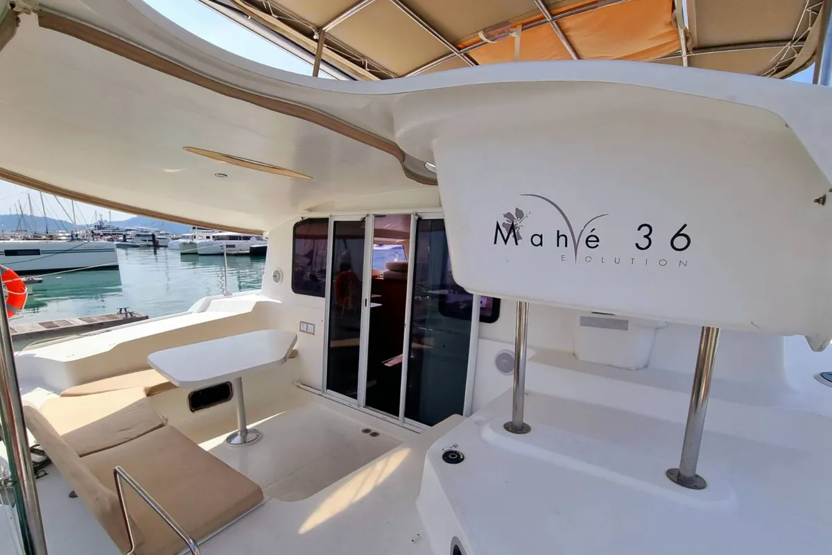 Deck of Happy Eva, a Fountaine Pajot Mahe 36 catamaran at Mai Khao, Thailand