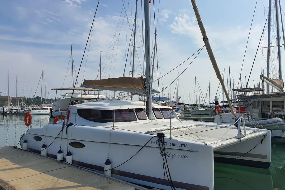 Exterior view of Happy Eva, a Fountaine Pajot Mahe 36 catamaran at Mai Khao, Thailand