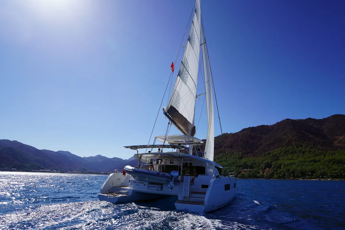 Exterior view of Sweet Dream, a Lagoon 46 catamaran at Marmaris, Turkey
