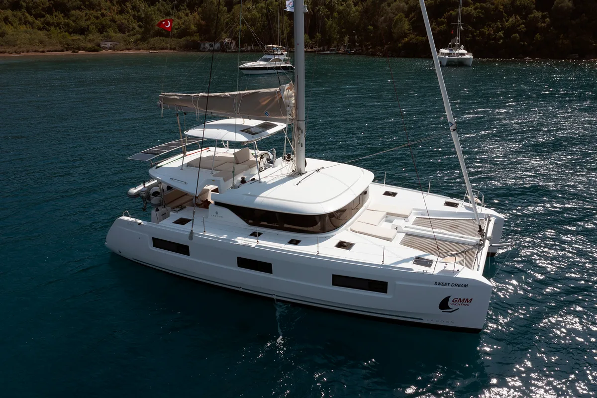 Exterior view of Sweet Dream, a Lagoon 46 catamaran at Marmaris, Turkey