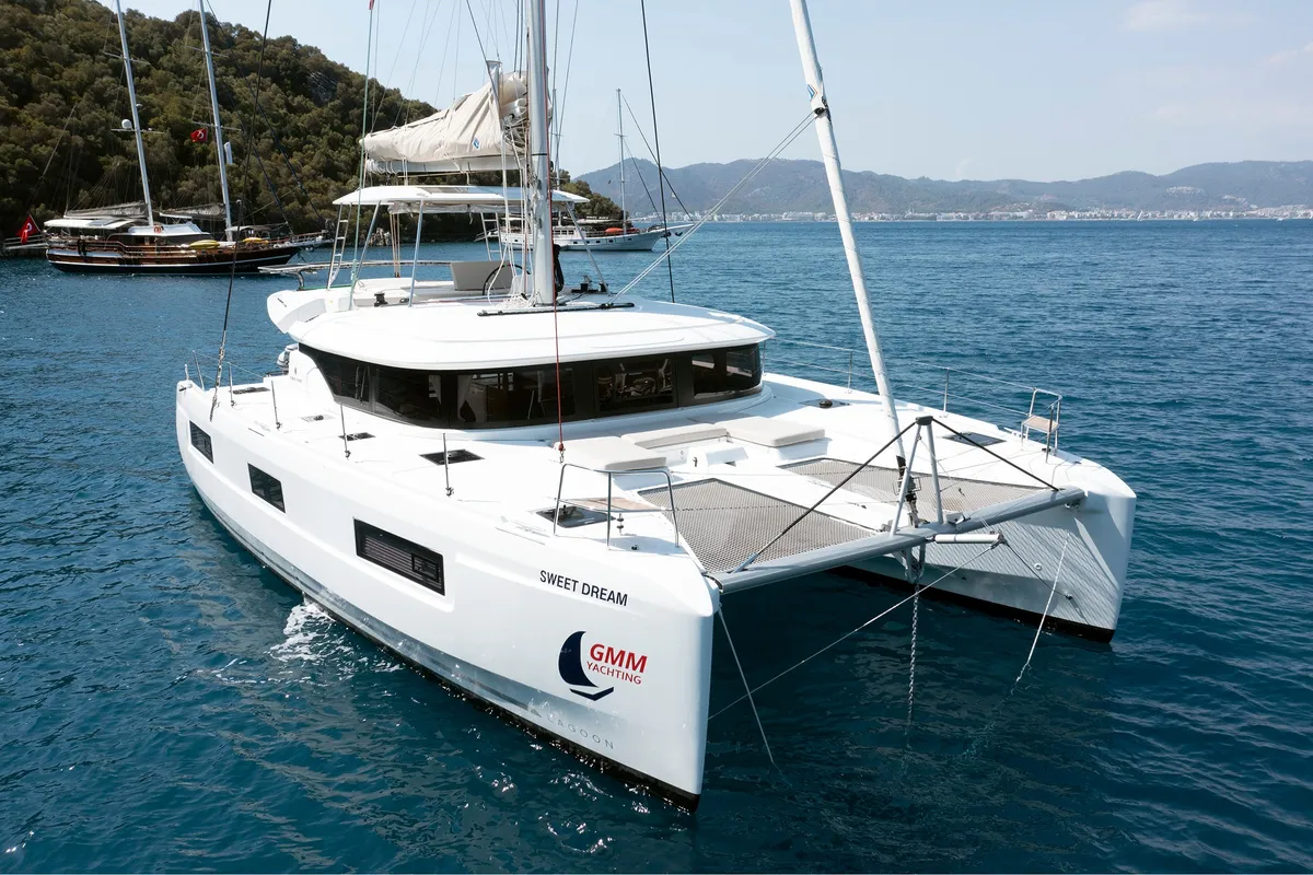 Exterior view of Sweet Dream, a Lagoon 46 catamaran at Marmaris, Turkey
