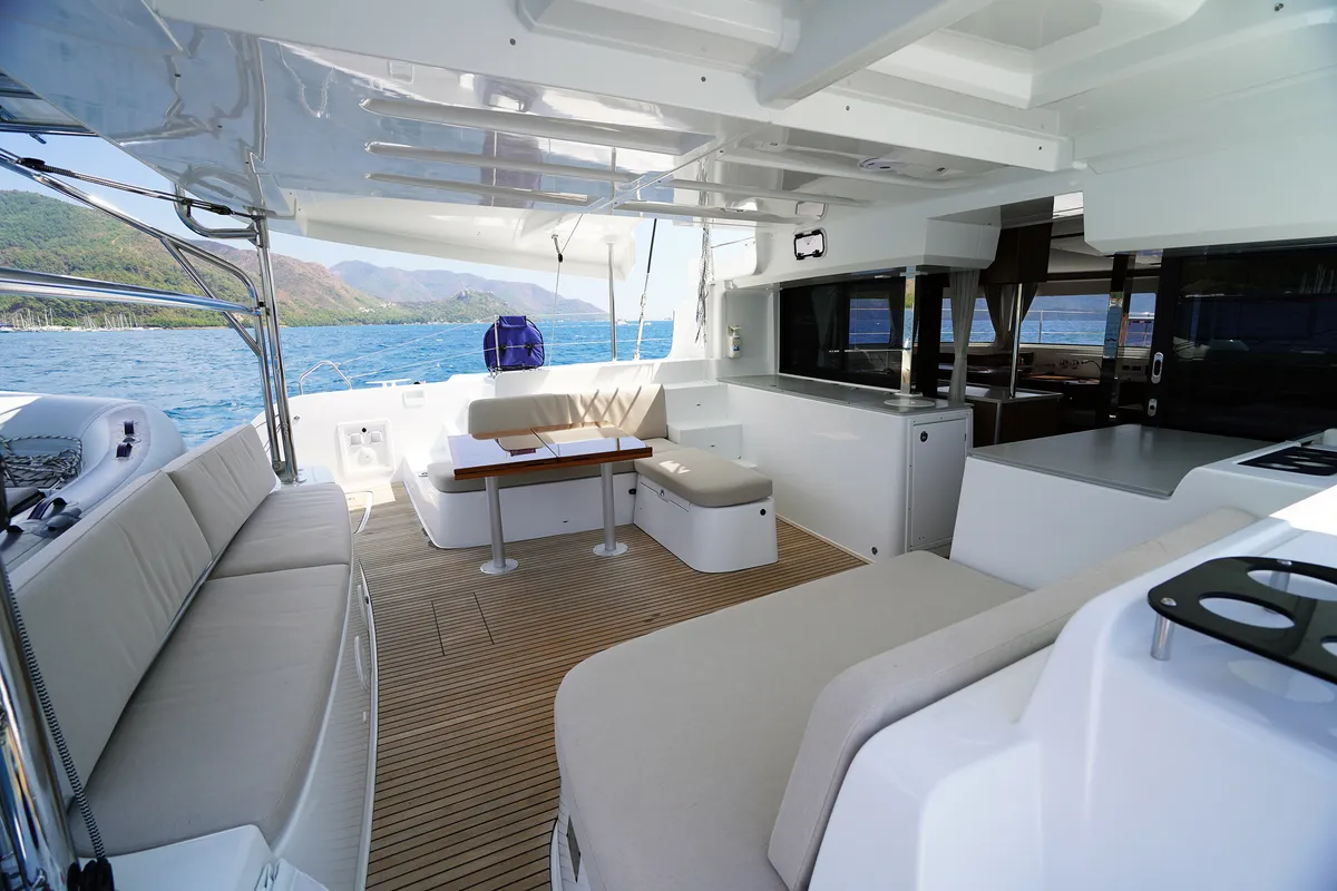 Deck of Sweet Dream, a Lagoon 46 catamaran at Marmaris, Turkey