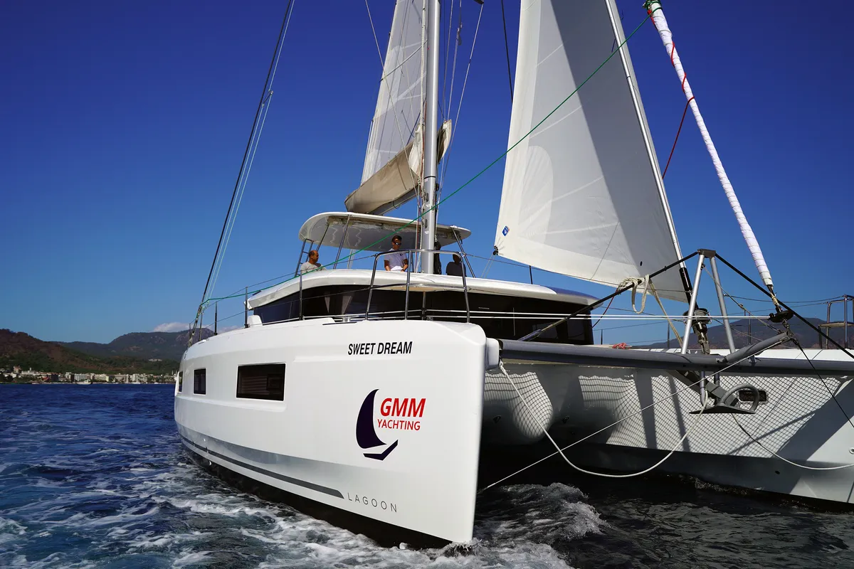 Exterior view of Sweet Dream, a Lagoon 46 catamaran at Marmaris, Turkey