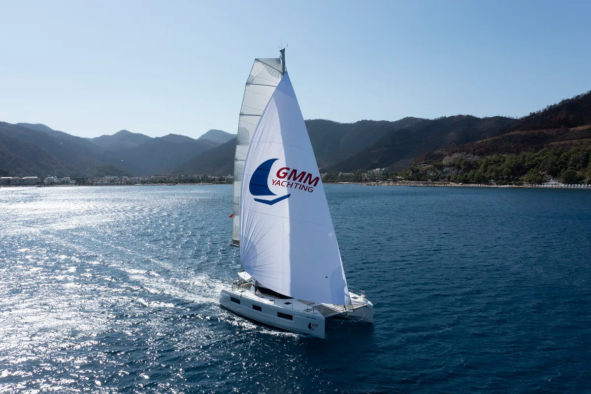 Exterior view of Sweet Dream, a Lagoon 46 catamaran at Marmaris, Turkey
