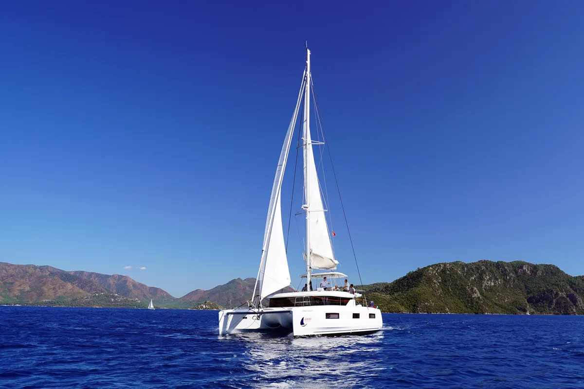 Exterior view of Sweet Dream, a Lagoon 46 catamaran at Marmaris, Turkey