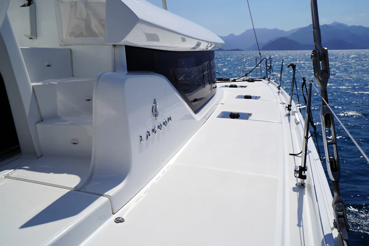 Deck of Sweet Dream, a Lagoon 46 catamaran at Marmaris, Turkey