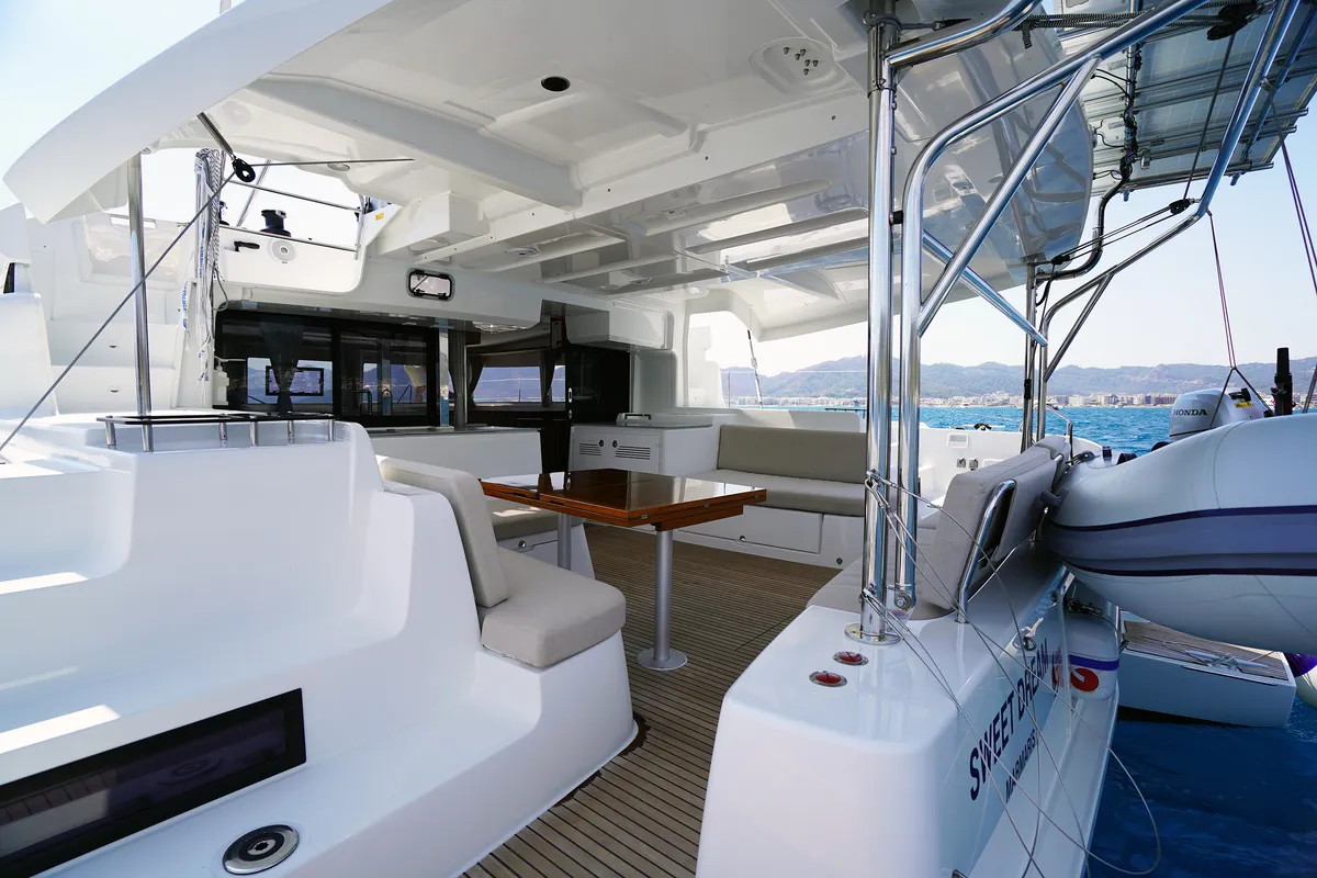 Deck of Sweet Dream, a Lagoon 46 catamaran at Marmaris, Turkey