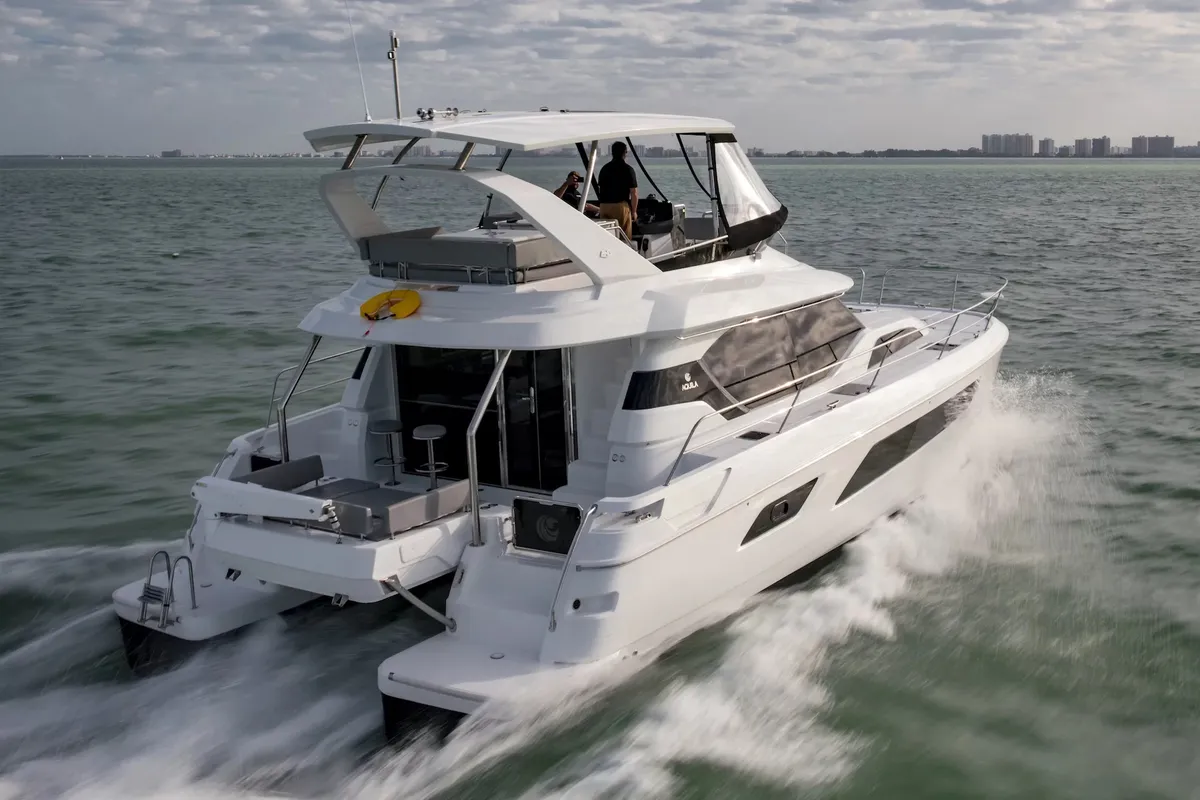 Exterior view of A44, a Aquila 44 Yacht catamaran at Cannigione, Italy