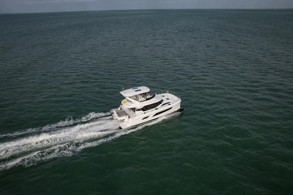 Exterior view of A44, a Aquila 44 Yacht catamaran at Cannigione, Italy