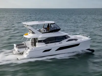 Exterior view of A44, a Aquila 44 Yacht catamaran at Cannigione, Italy