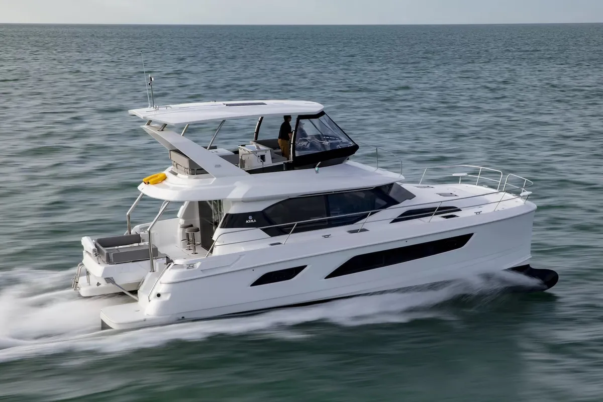 Exterior view of A44, a Aquila 44 Yacht catamaran at Cannigione, Italy
