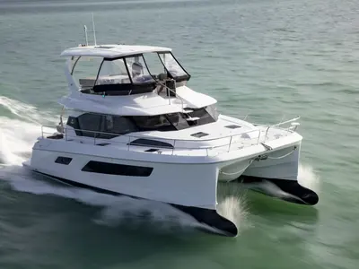 Exterior view of A44, a Aquila 44 Yacht catamaran at Cannigione, Italy